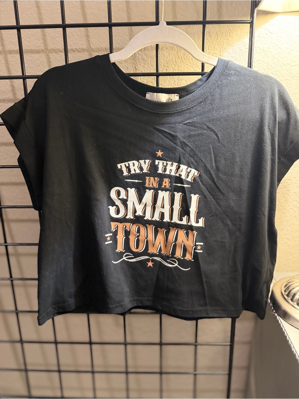 Black Crop Graphic Tee with Orange & White Print - Small